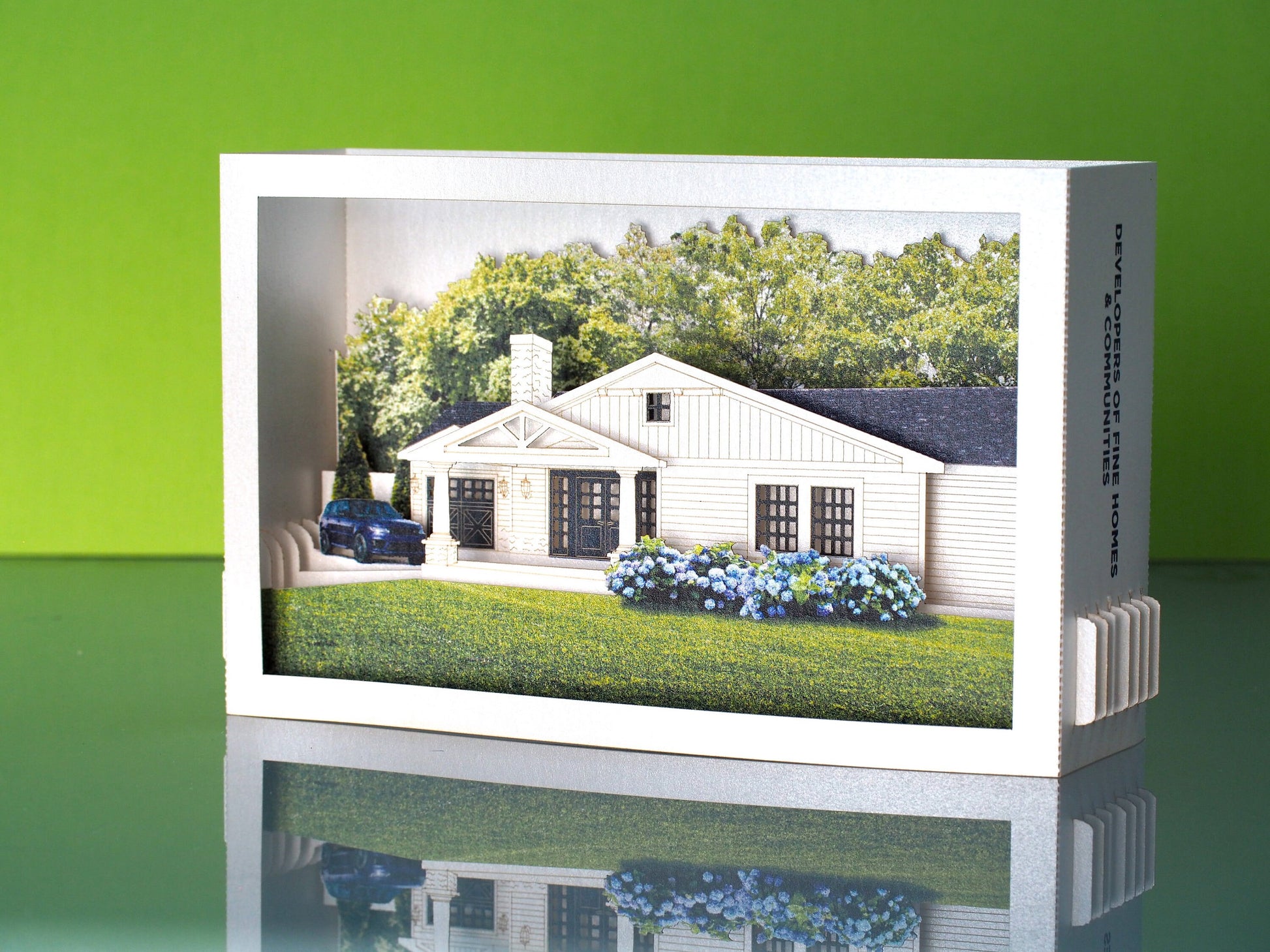 House paper pop up villa model miniature. Popup 3d laser cut box with villa design. Custom design card. Logo, company, promo gift. Company