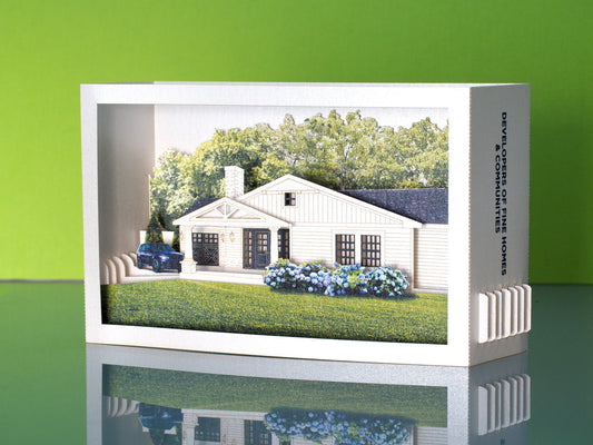 House paper pop up villa model miniature. Popup 3d laser cut box with villa design. Custom design card. Logo, company, promo gift. Company