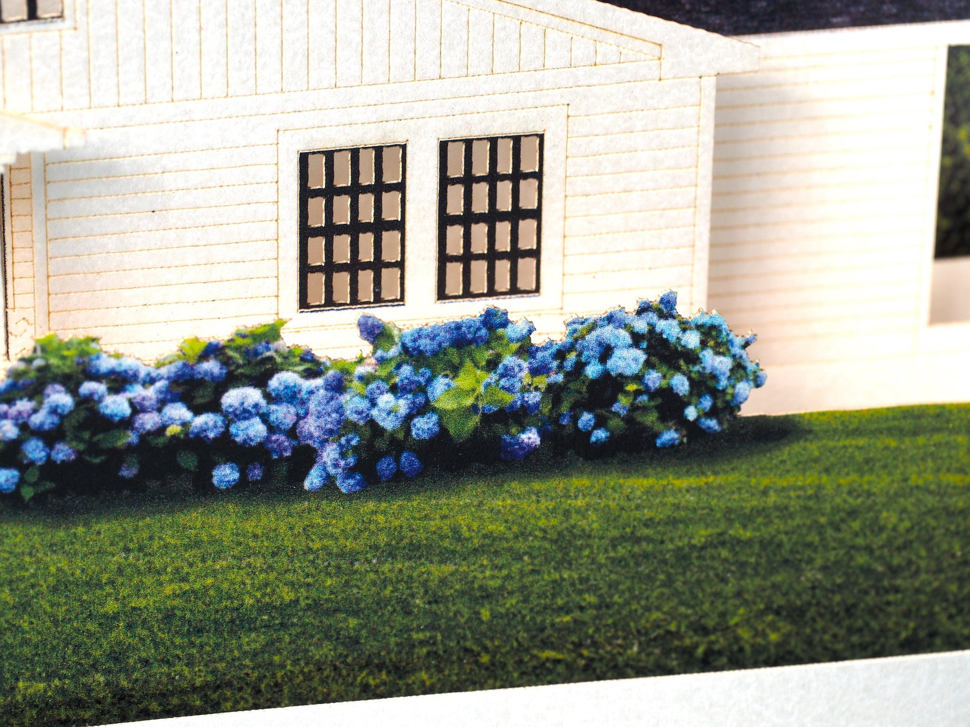 House paper pop up villa model miniature. Popup 3d laser cut box with villa design. Custom design card. Logo, company, promo gift. Company