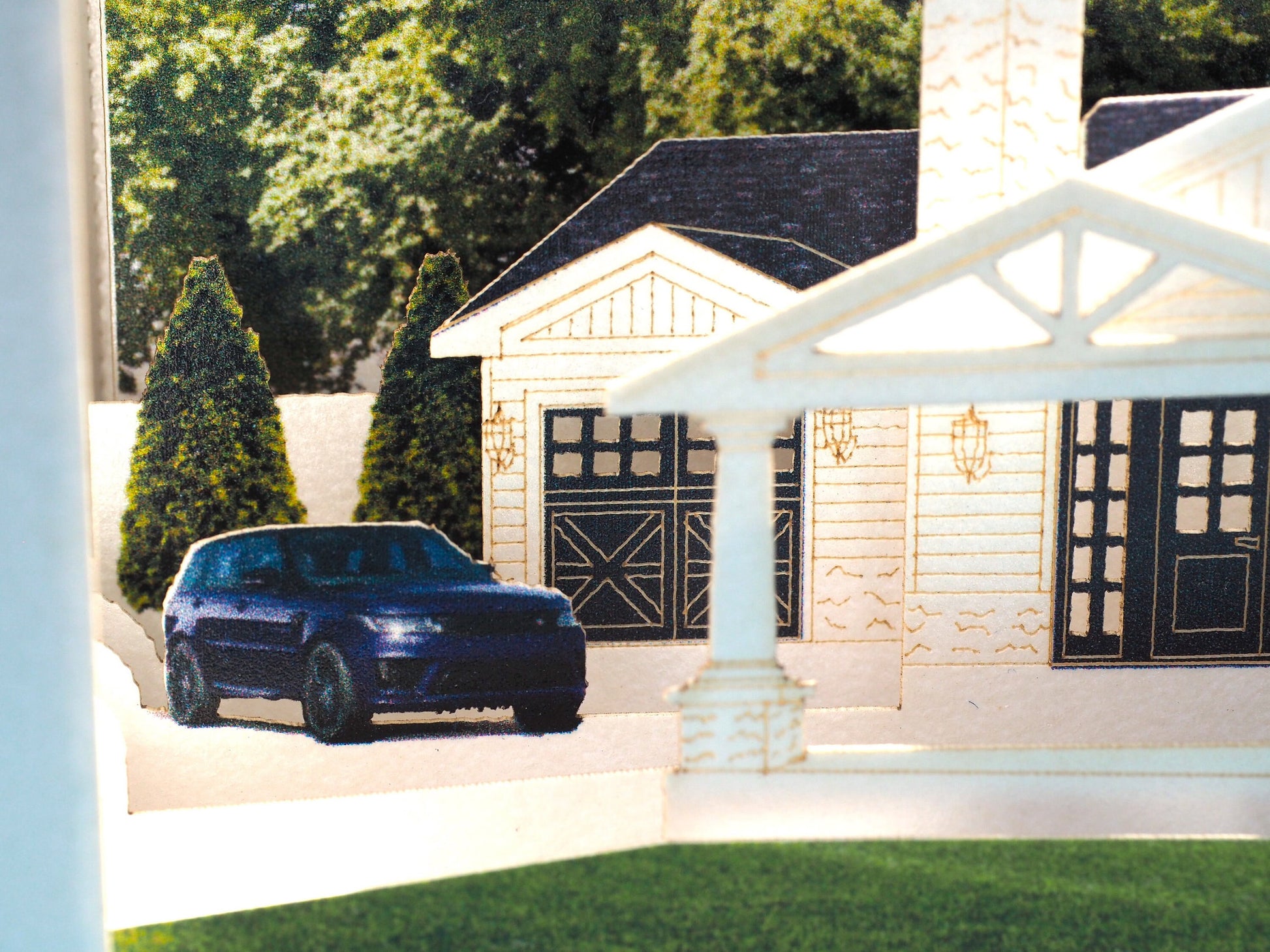 House paper pop up villa model miniature. Popup 3d laser cut box with villa design. Custom design card. Logo, company, promo gift. Company