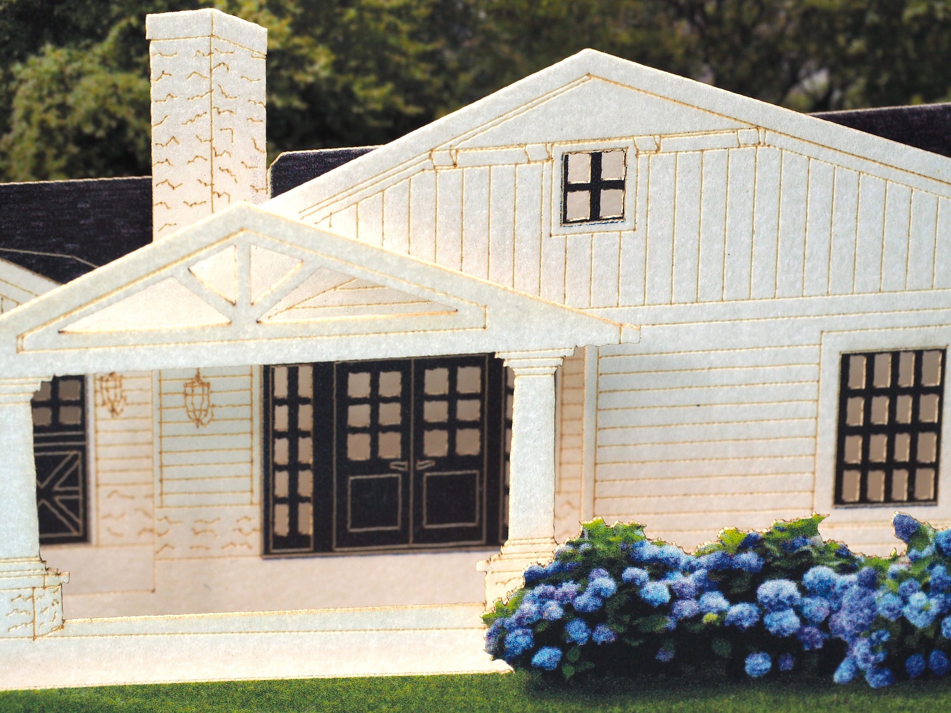 House paper pop up villa model miniature. Popup 3d laser cut box with villa design. Custom design card. Logo, company, promo gift. Company