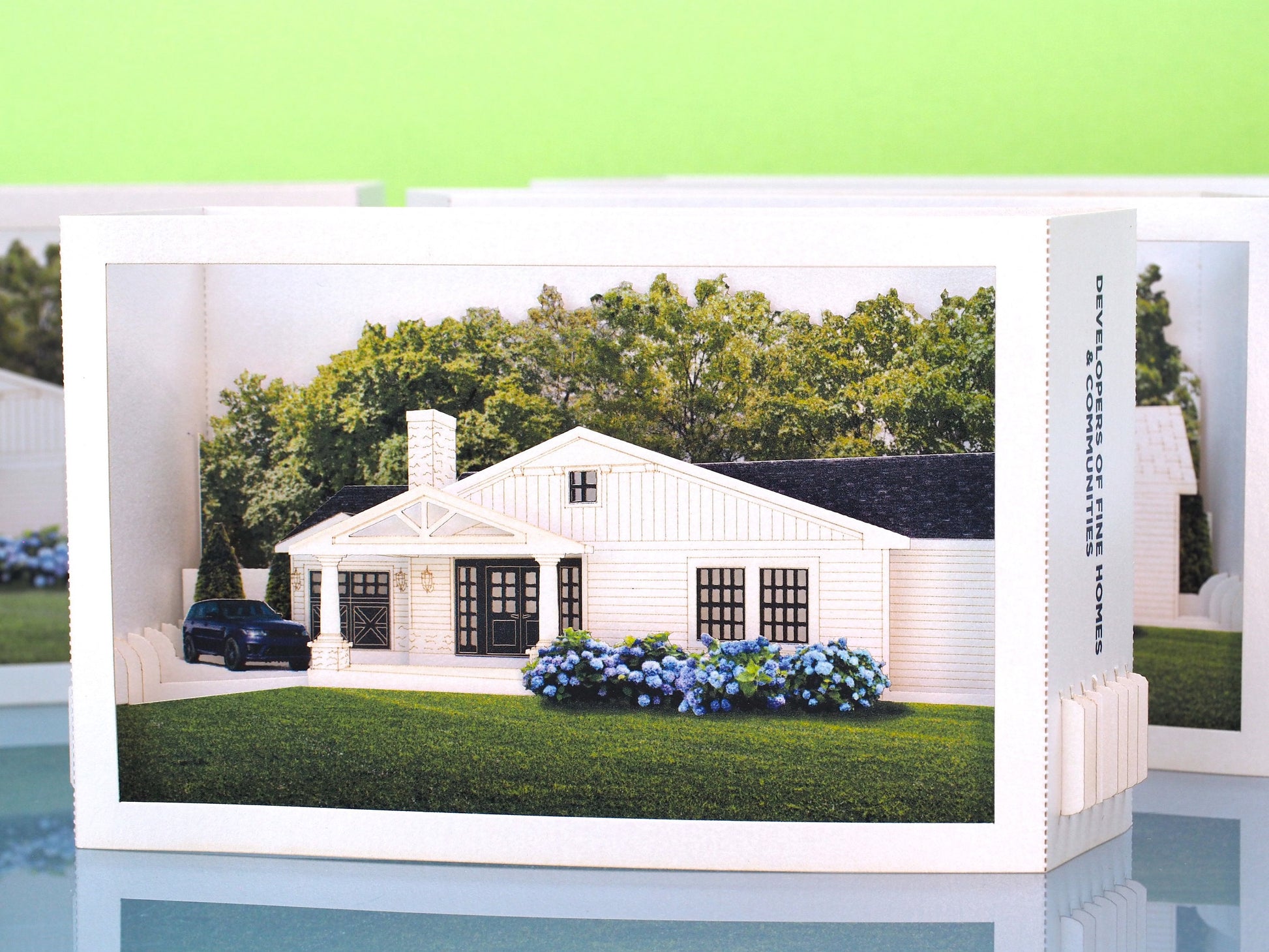 House paper pop up villa model miniature. Popup 3d laser cut box with villa design. Custom design card. Logo, company, promo gift. Company