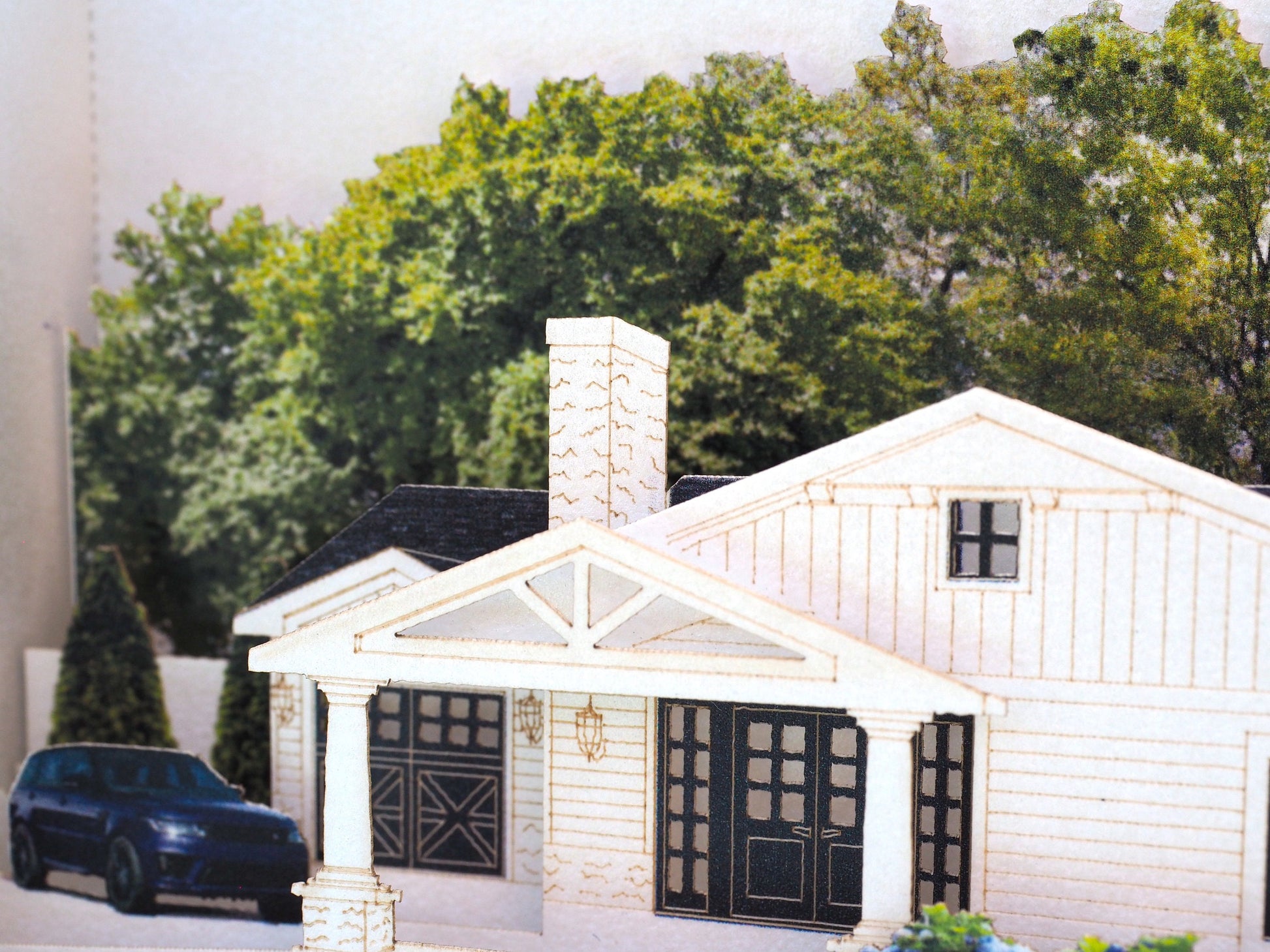 House paper pop up villa model miniature. Popup 3d laser cut box with villa design. Custom design card. Logo, company, promo gift. Company