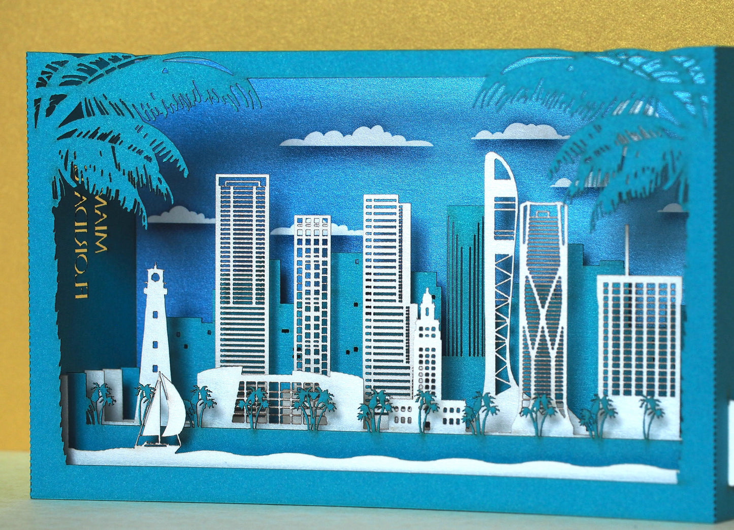 Miami Florida USA pop up card. Paper shadow model miniature box. Birthday gift. 3d laser cut folded card. Landmarks, skyline city view.