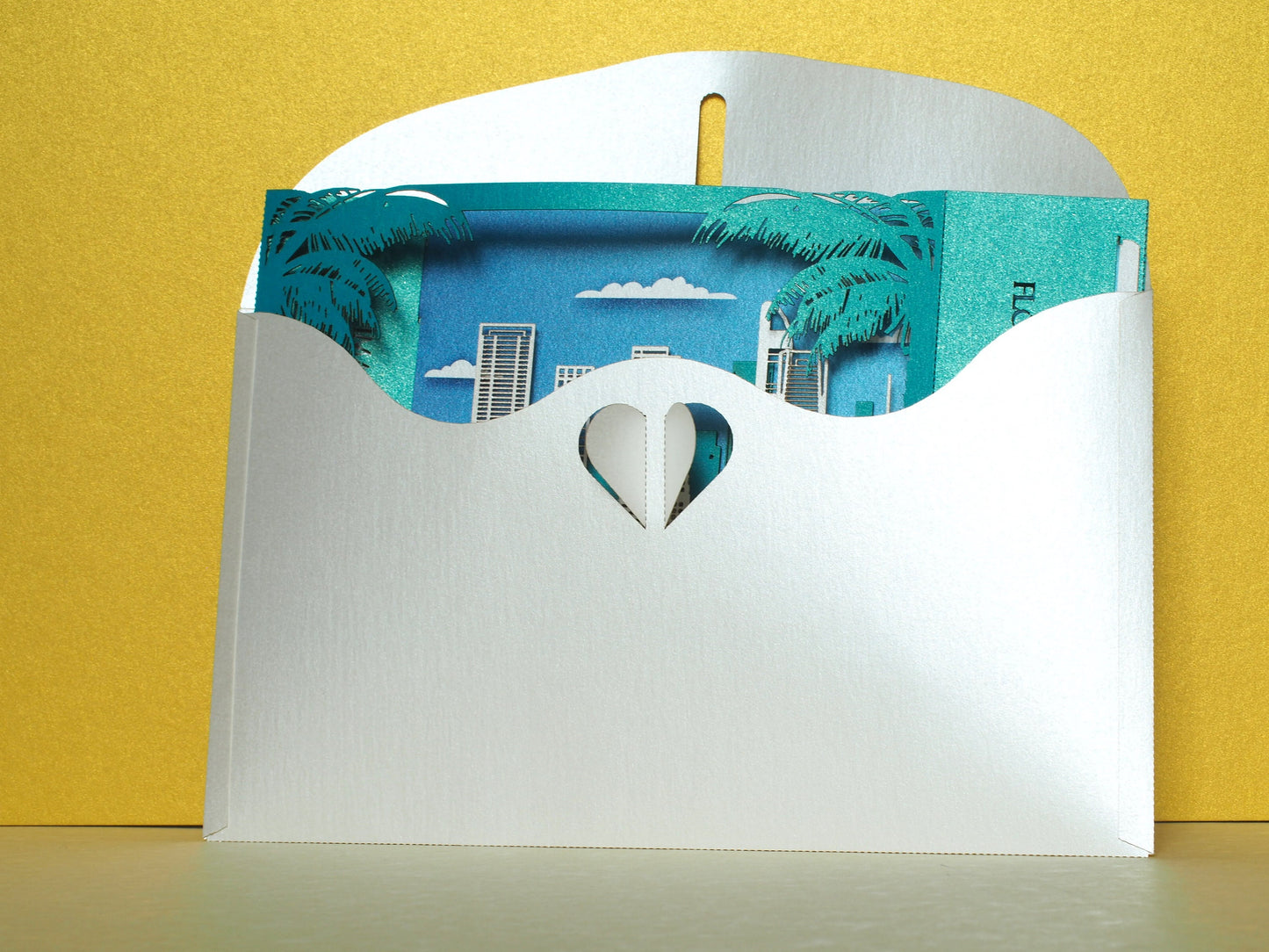 Miami Florida USA pop up card. Paper shadow model miniature box. Birthday gift. 3d laser cut folded card. Landmarks, skyline city view.