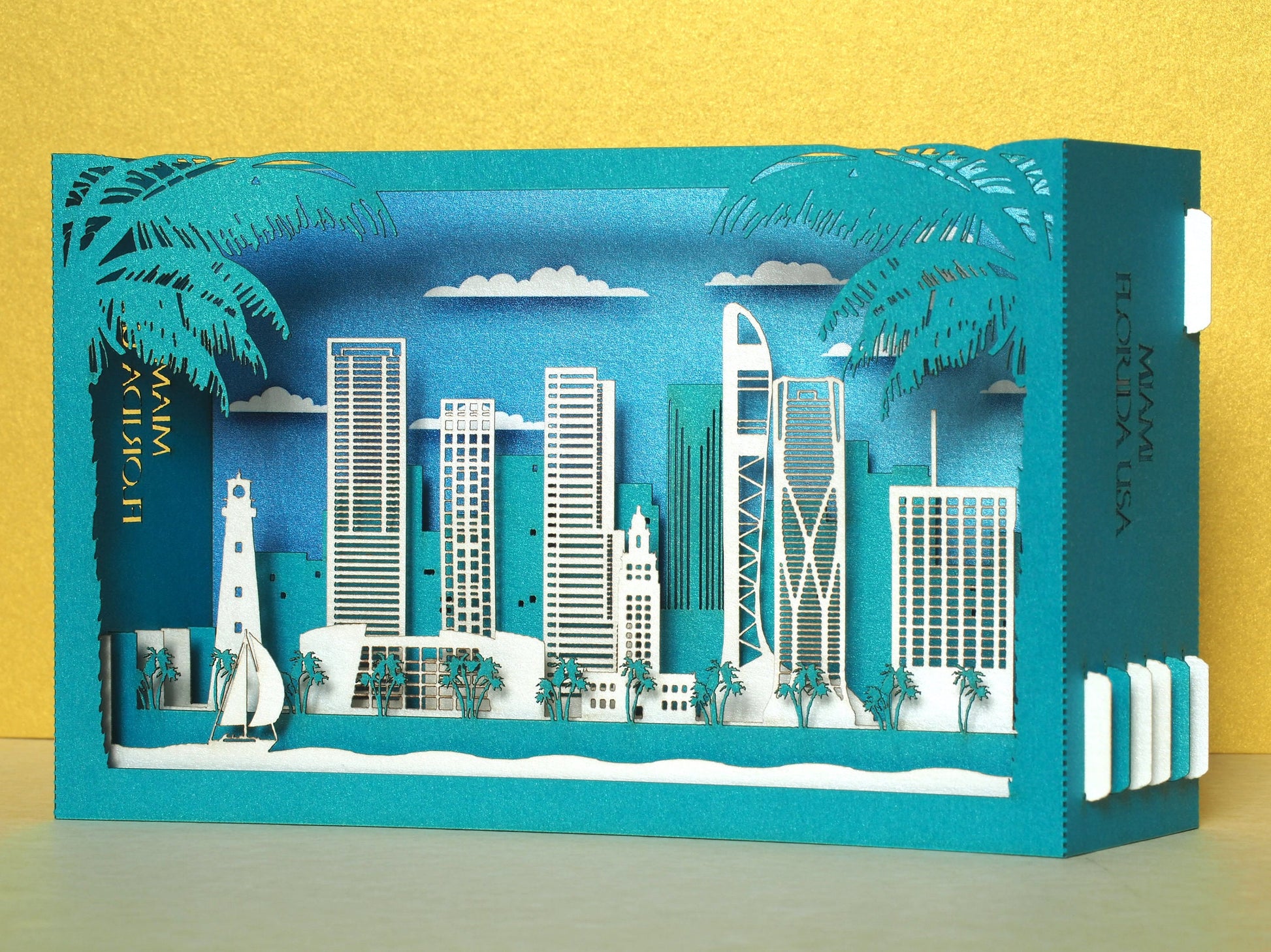 Miami Florida USA pop up card. Paper shadow model miniature box. Birthday gift. 3d laser cut folded card. Landmarks, skyline city view.