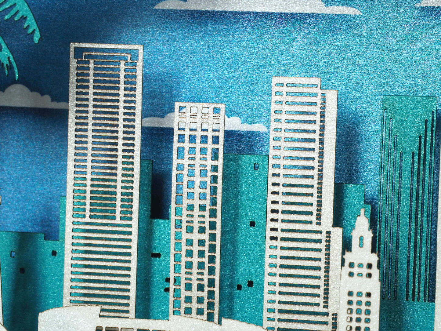 Miami Florida USA pop up card. Paper shadow model miniature box. Birthday gift. 3d laser cut folded card. Landmarks, skyline city view.