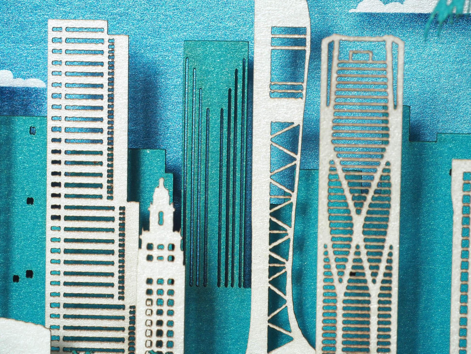 Miami Florida USA pop up card. Paper shadow model miniature box. Birthday gift. 3d laser cut folded card. Landmarks, skyline city view.