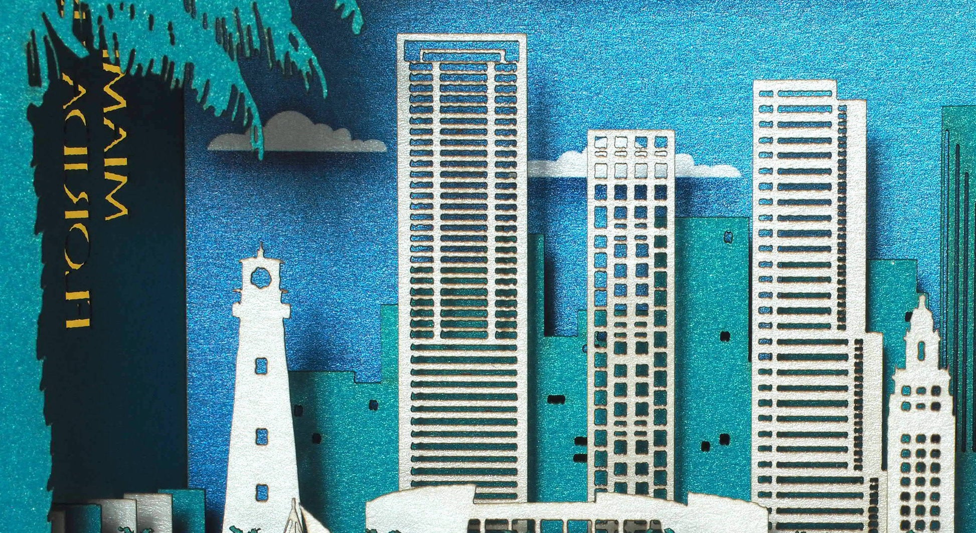 Miami Florida USA pop up card. Paper shadow model miniature box. Birthday gift. 3d laser cut folded card. Landmarks, skyline city view.