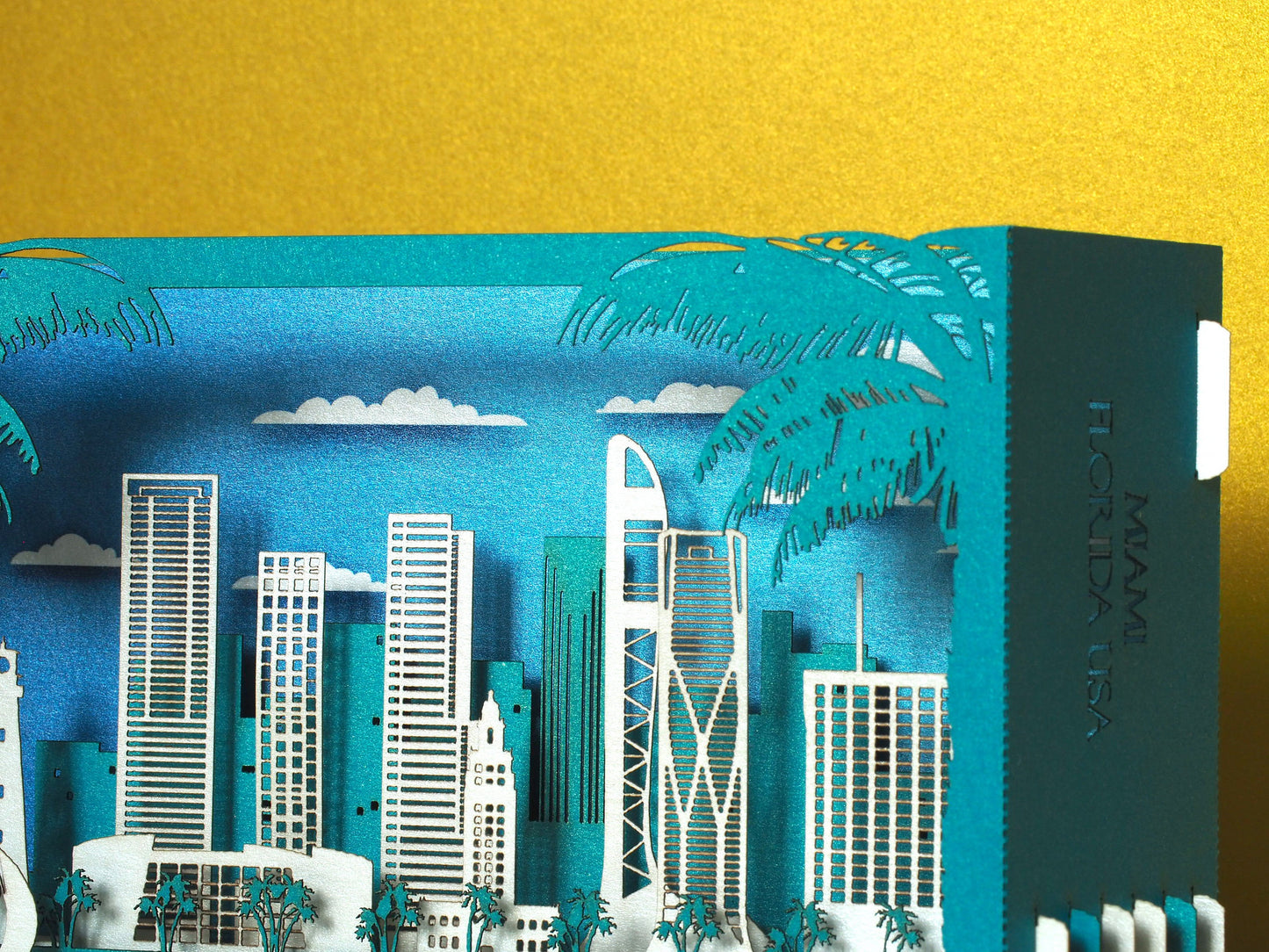 Miami Florida USA pop up card. Paper shadow model miniature box. Birthday gift. 3d laser cut folded card. Landmarks, skyline city view.