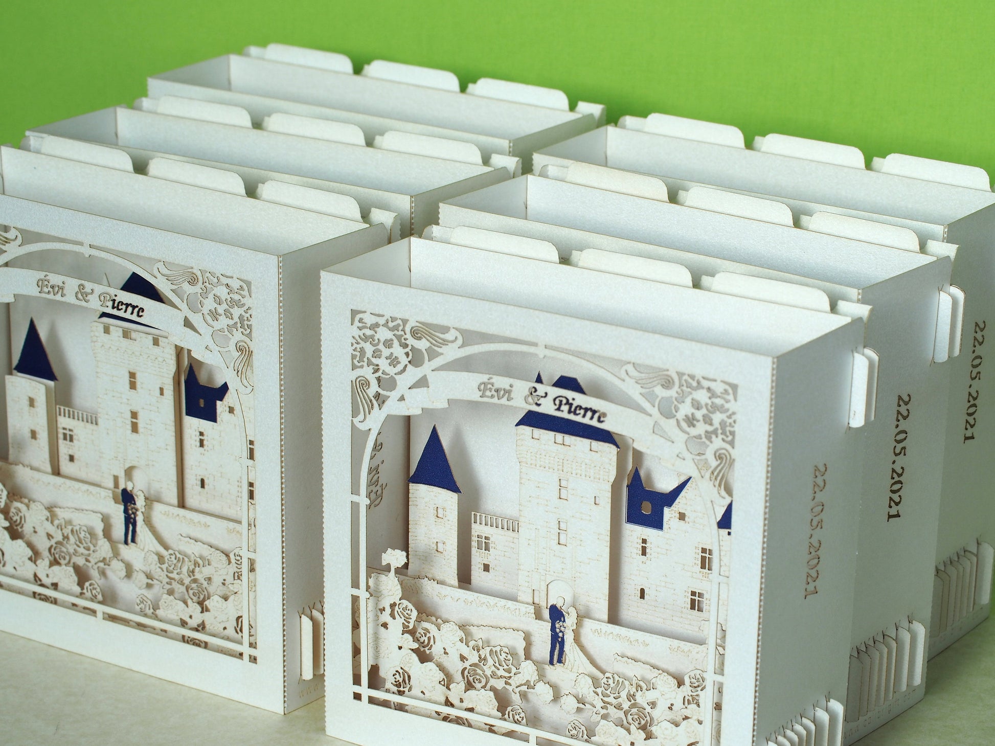 Château du Rivau castle-palace in Lémeré (Indre-et-Loire), Touraine region of France. Paper pop up 3d box wedding invitation card, RSVP.