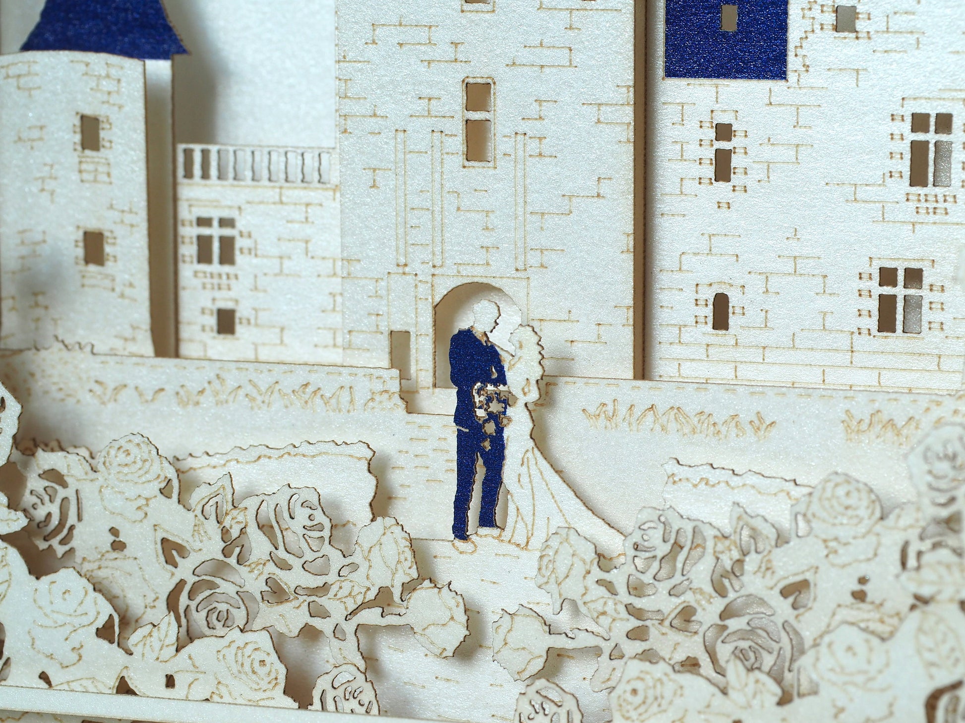 Château du Rivau castle-palace in Lémeré (Indre-et-Loire), Touraine region of France. Paper pop up 3d box wedding invitation card, RSVP.