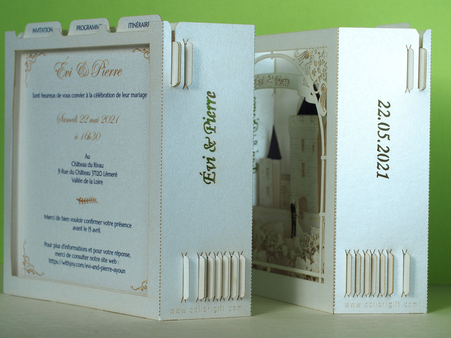 Château du Rivau castle-palace in Lémeré (Indre-et-Loire), Touraine region of France. Paper pop up 3d box wedding invitation card, RSVP.