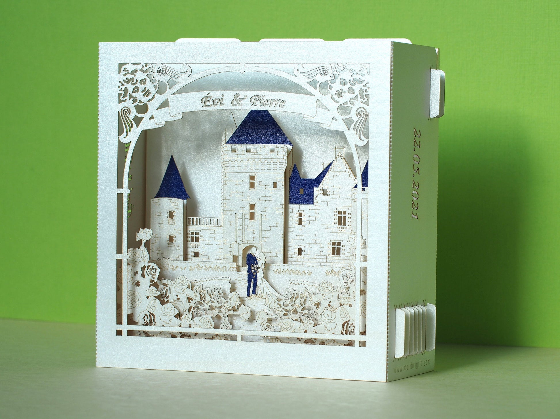 Château du Rivau castle-palace in Lémeré (Indre-et-Loire), Touraine region of France. Paper pop up 3d box wedding invitation card, RSVP.