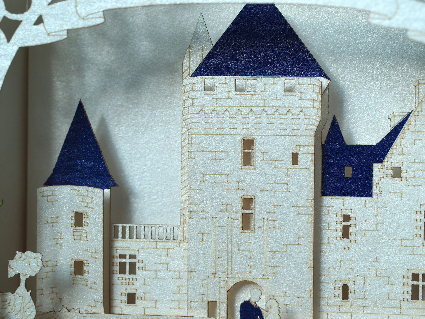 Château du Rivau castle-palace in Lémeré (Indre-et-Loire), Touraine region of France. Paper pop up 3d box wedding invitation card, RSVP.