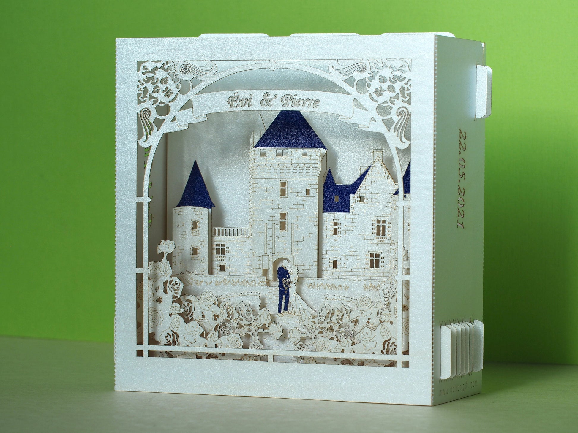 Château du Rivau castle-palace in Lémeré (Indre-et-Loire), Touraine region of France. Paper pop up 3d box wedding invitation card, RSVP.