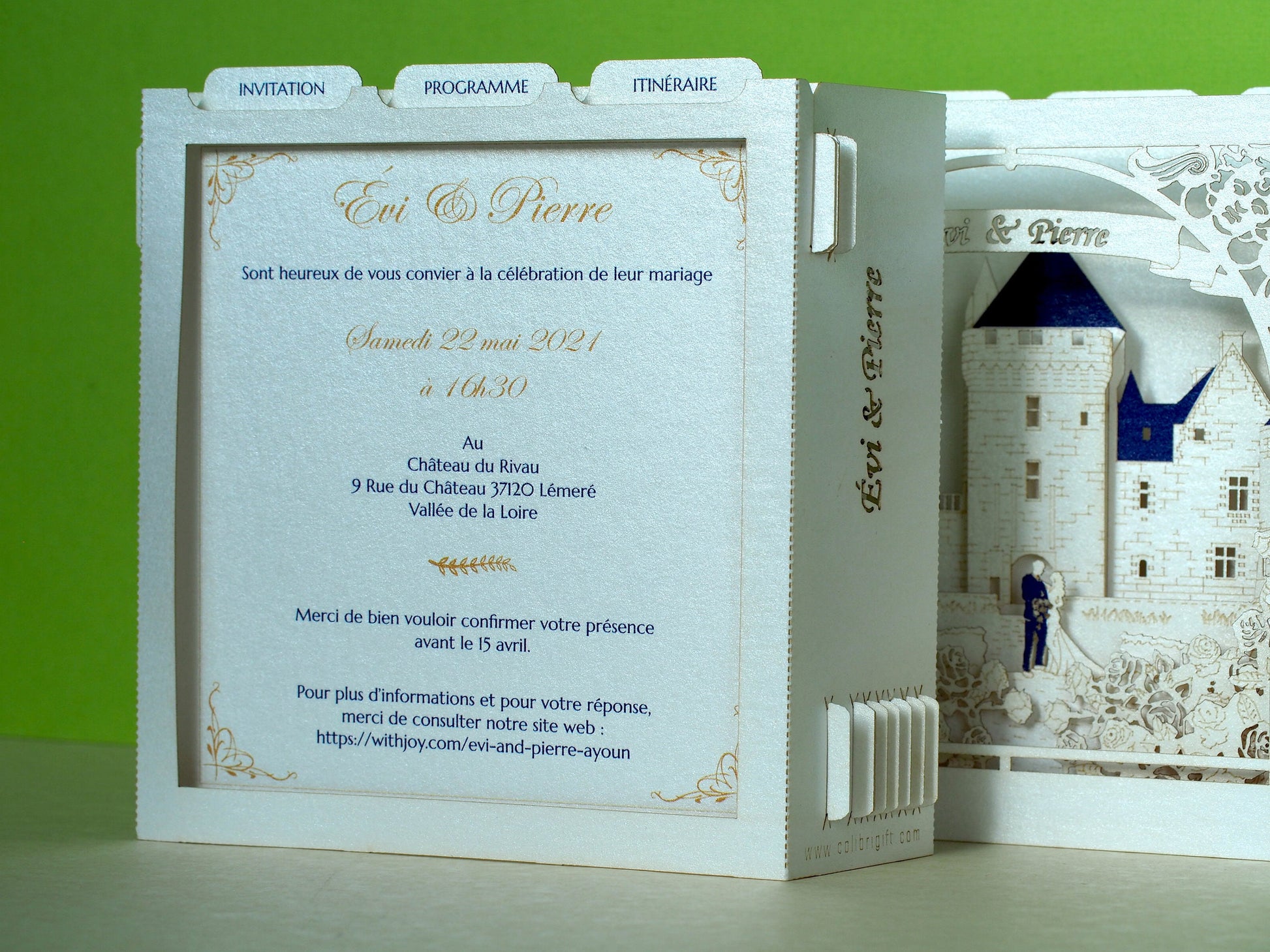 Château du Rivau castle-palace in Lémeré (Indre-et-Loire), Touraine region of France. Paper pop up 3d box wedding invitation card, RSVP.