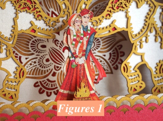 Indian wedding invitation card. Mandap, elephants, torch flowers. India bride groom. Hindustani, Hindu Brahmin, Hindoo. Mandaps Custom RSVP