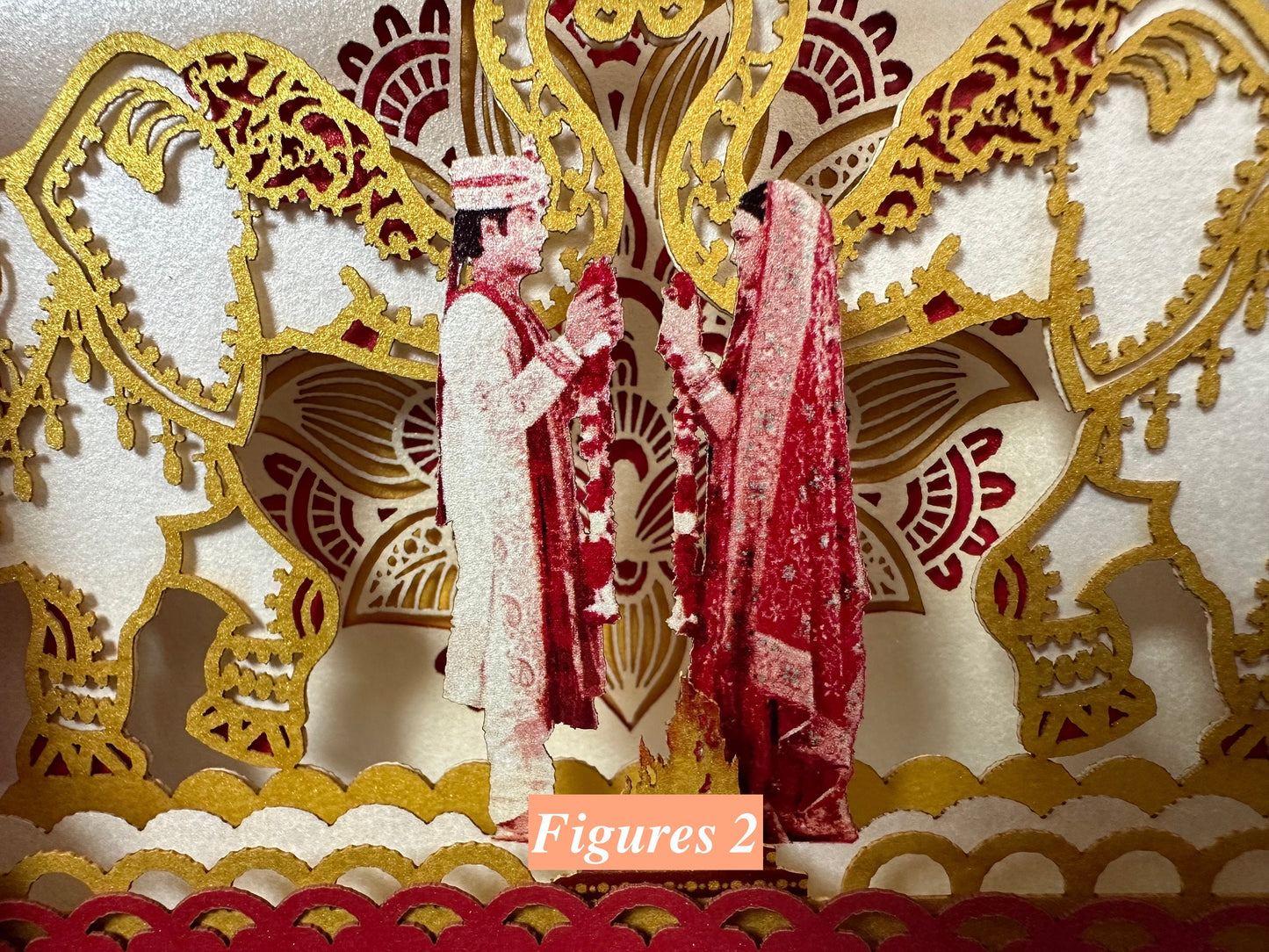 Indian wedding invitation card. Mandap, elephants, torch flowers. India bride groom. Hindustani, Hindu Brahmin, Hindoo. Mandaps Custom RSVP