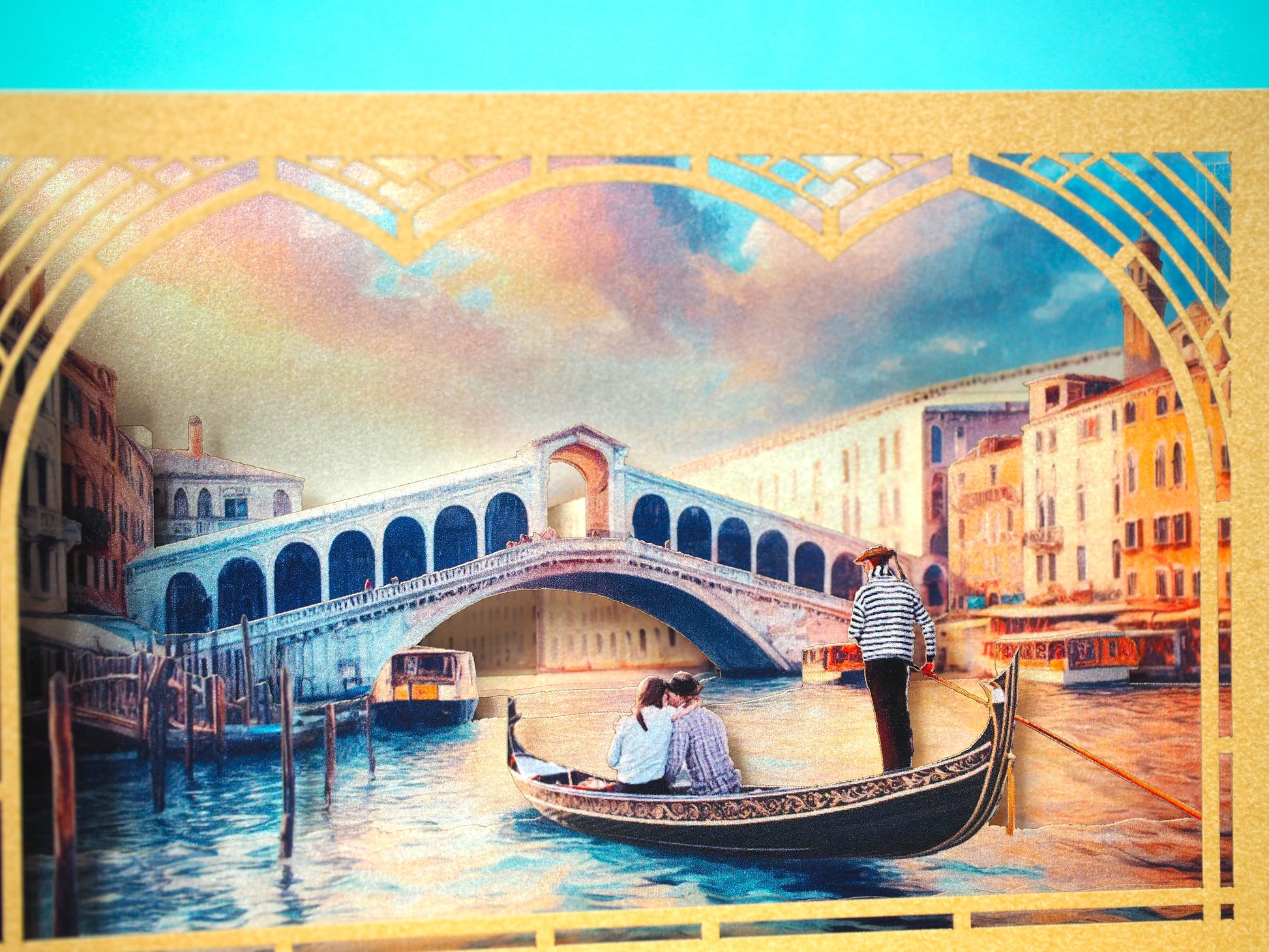 Venice pop up box card with river, boat picture, couple.