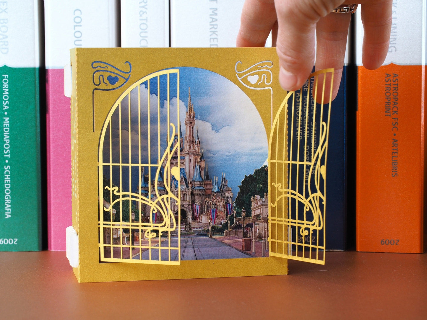 Castle Magic Kingdom paper miniature gift card. Gold Chateau. Fairytale Palace. Child, kids birthday gifts. Greeting pop up cards Gates open