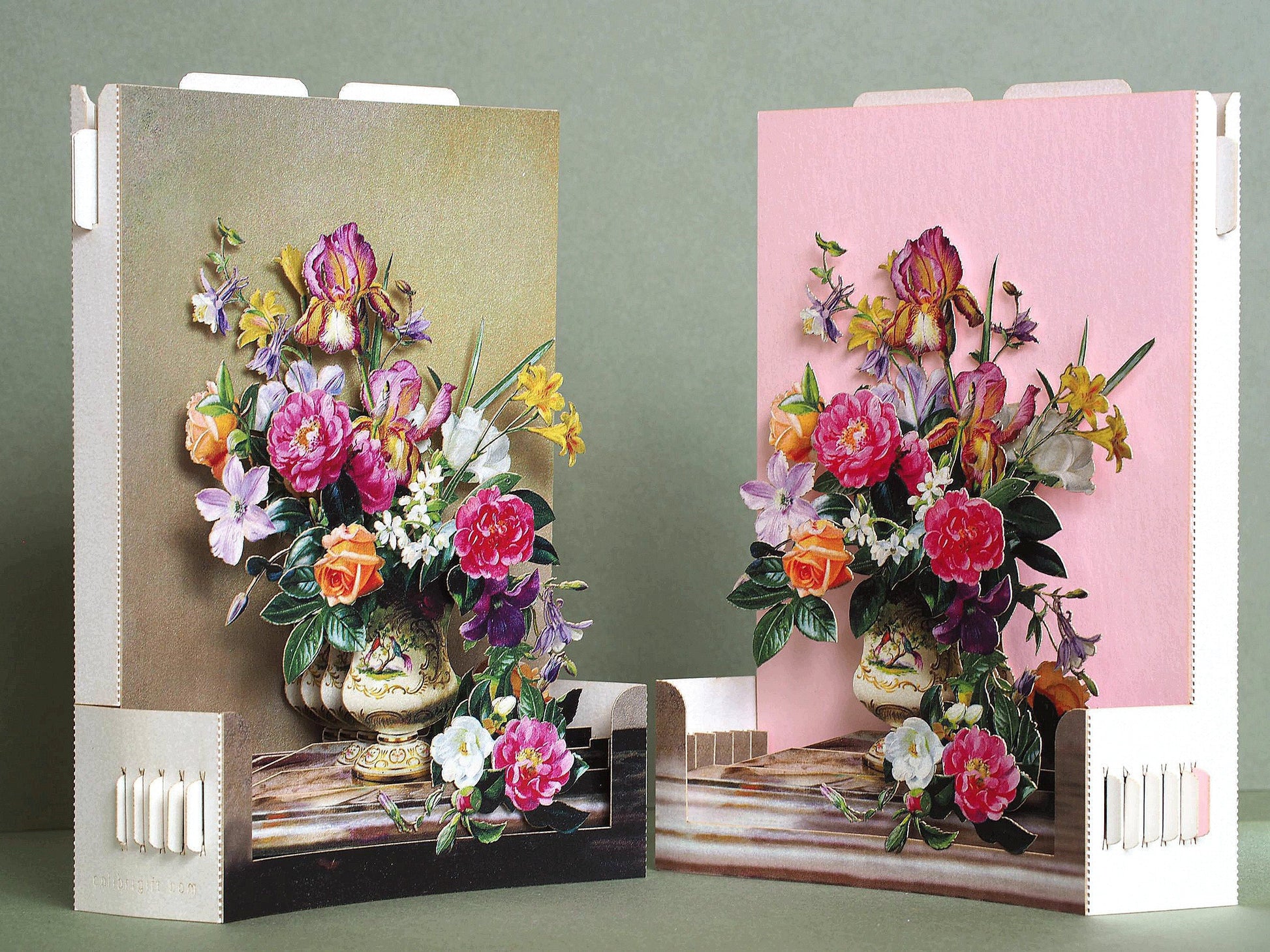 Luxury 3D pop up greeting card with vintage floral bouquet in a vase, elegant botanical still life design, premium keepsake card for birthdays and special occasions.