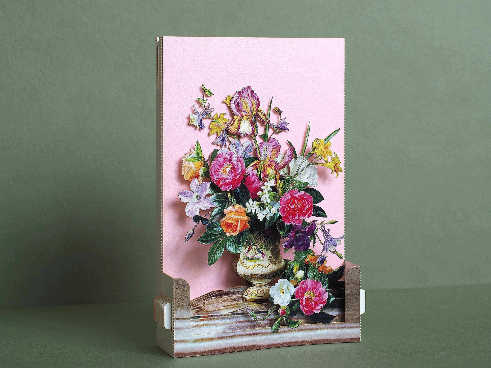 Luxury 3D pop up greeting card with vintage floral bouquet in a vase, elegant botanical still life design, premium keepsake card for birthdays and special occasions.