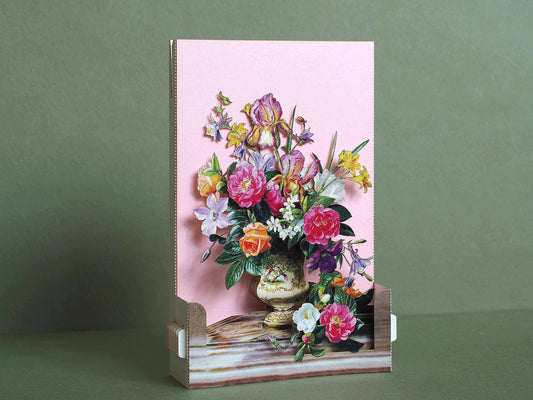 Luxury 3D pop up greeting card with vintage floral bouquet in a vase, elegant botanical still life design, premium keepsake card for birthdays and special occasions.