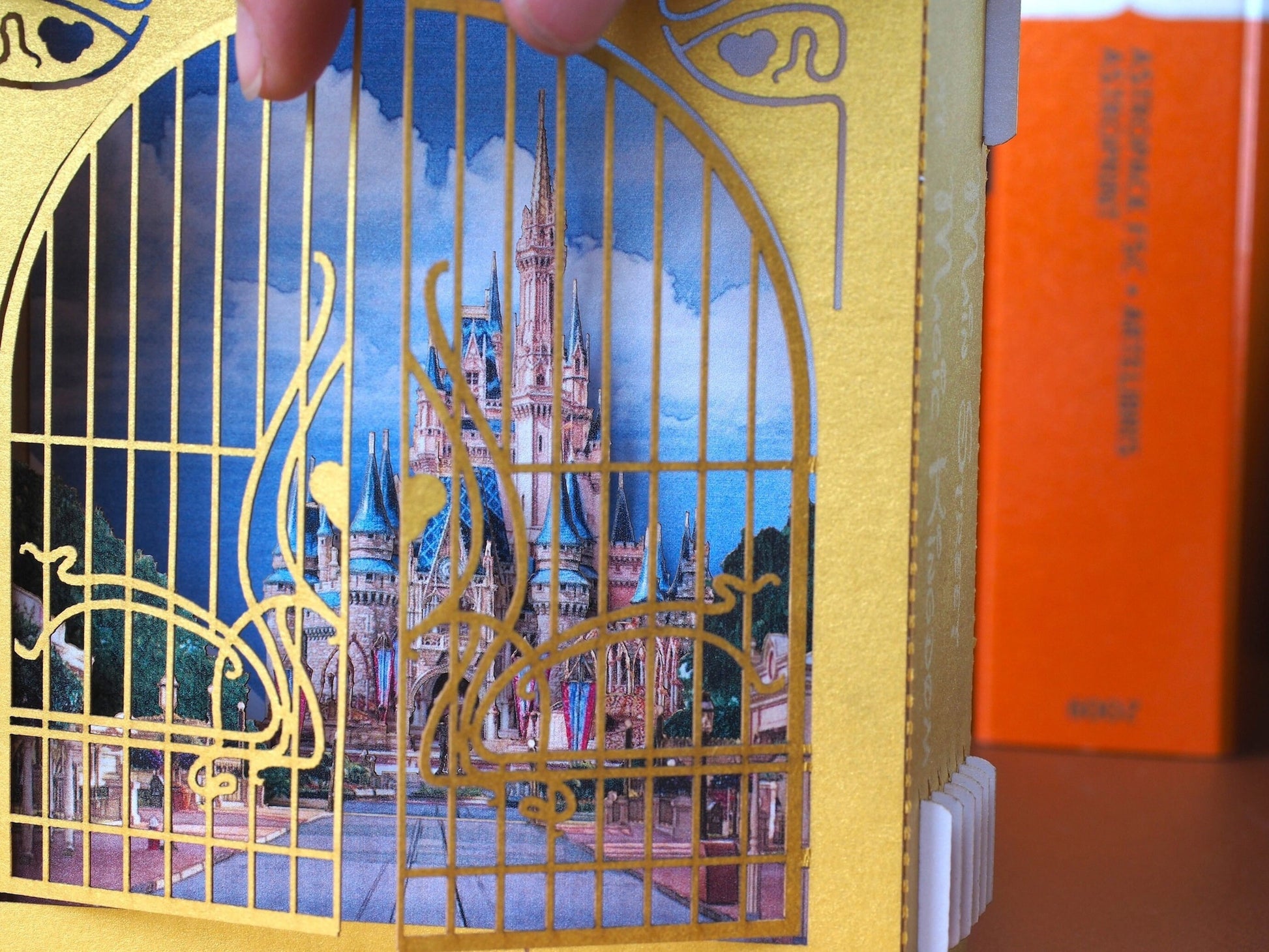 Castle Magic Kingdom paper miniature gift card. Gold Chateau. Fairytale Palace. Child, kids birthday gifts. Greeting pop up cards Gates open