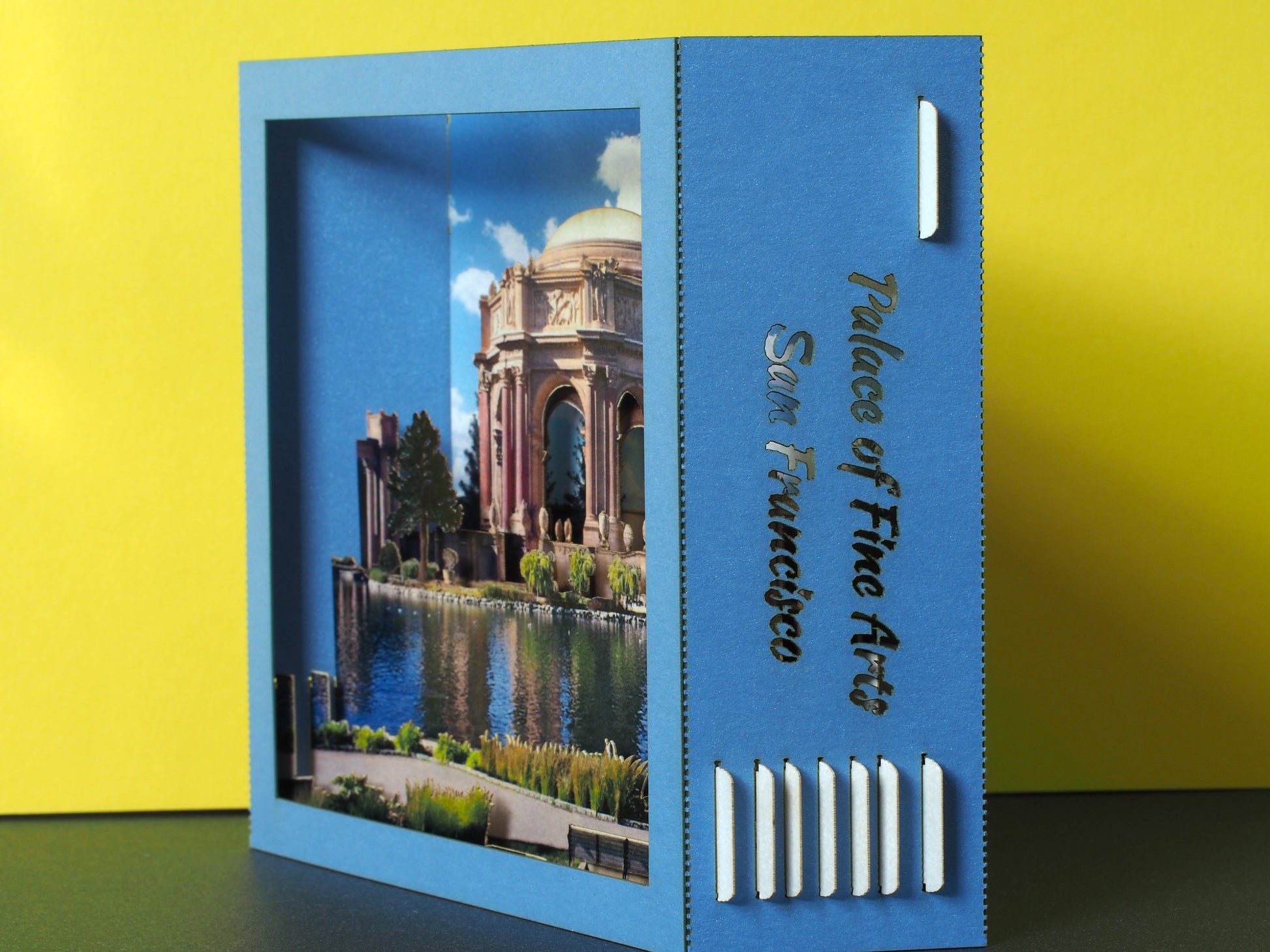 Pop up paper miniature model design of Palace of Arts in San Francisco California, US. Pop up box card, laser cut, folds flat.