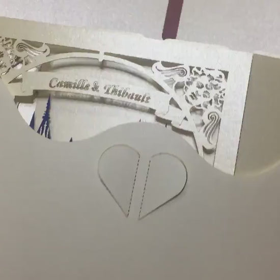 Wedding invitation. Paper pop up invite card. Castle Chateau de Challain France. RSVP inserts. Couple, fountain, arch, roses. Gift envelope