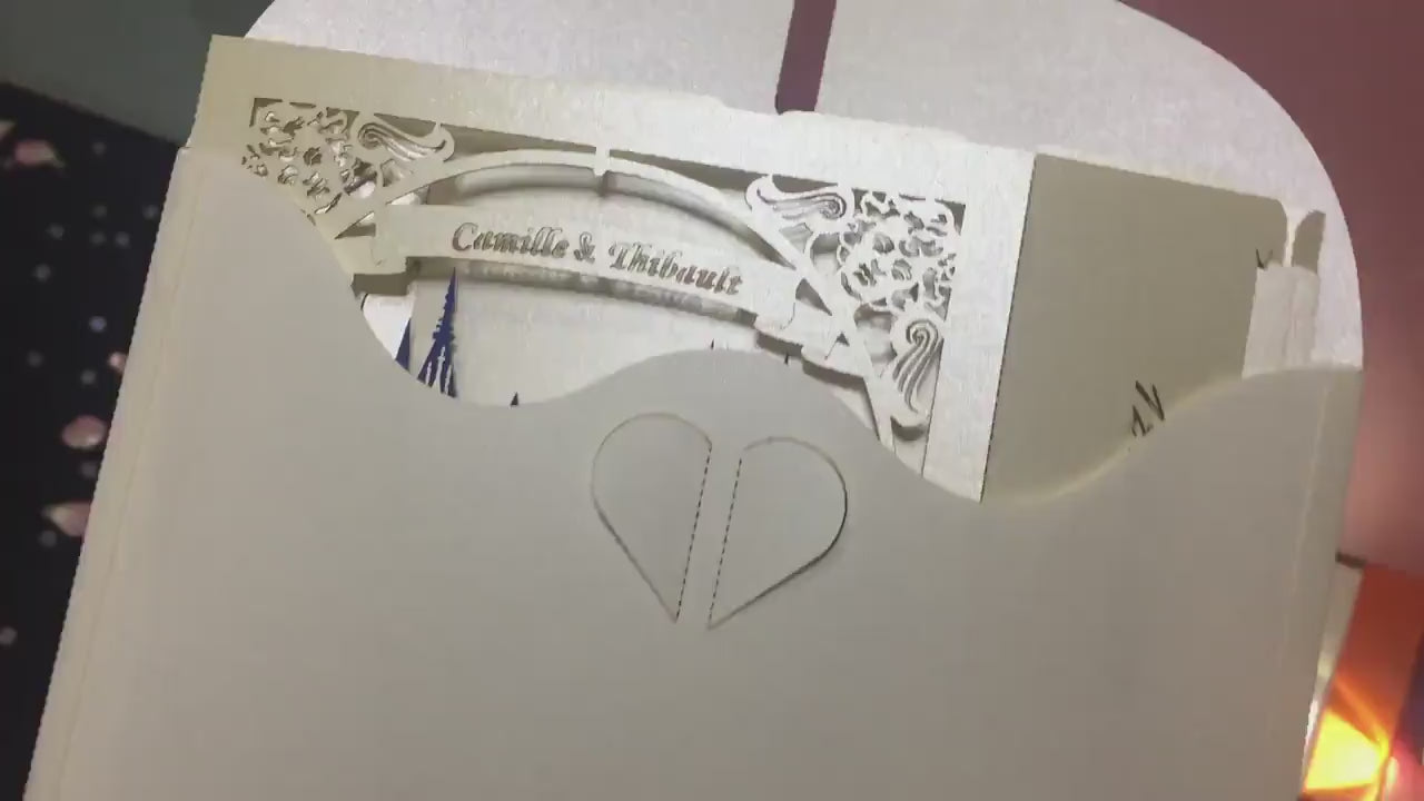 Wedding invitation. Paper pop up invite card. Castle Chateau de Challain France. RSVP inserts. Couple, fountain, arch, roses. Gift envelope