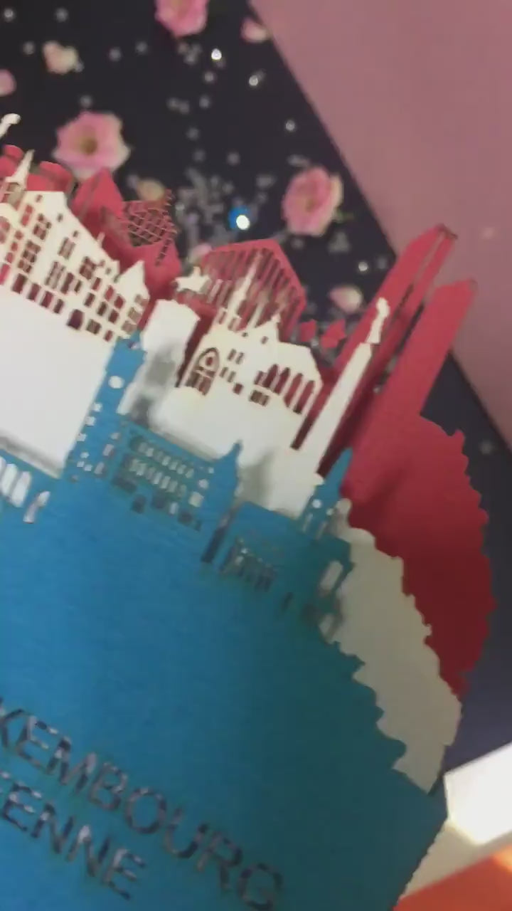 Luxembourg Flag Landmarks. Luxemburg, Adolphe Bridge, paper. Pop up card popup. Kirigami craft art work. Handmade. Birthday unique idea gift