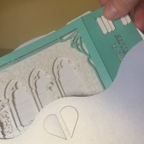 Hammond Castle Museum Wedding Invitation - Coastal Elegance from Gloucester, MA. Pop-up Boxed Invites with RSVP -  Wedding Stationery