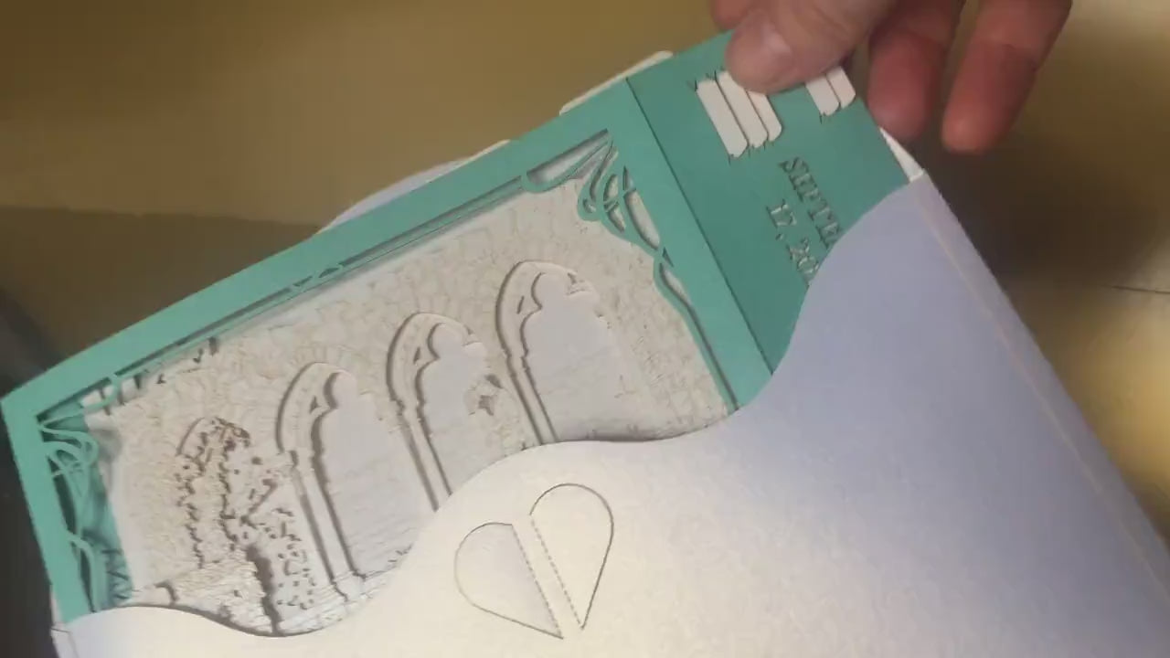 Hammond Castle Museum Wedding Invitation - Coastal Elegance from Gloucester, MA. Pop-up Boxed Invites with RSVP -  Wedding Stationery