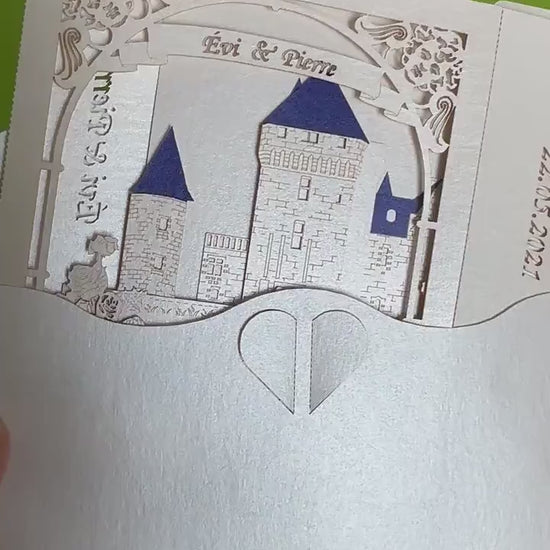 Château du Rivau castle-palace in Lémeré (Indre-et-Loire), Touraine region of France. Paper pop up 3d box wedding invitation card, RSVP.