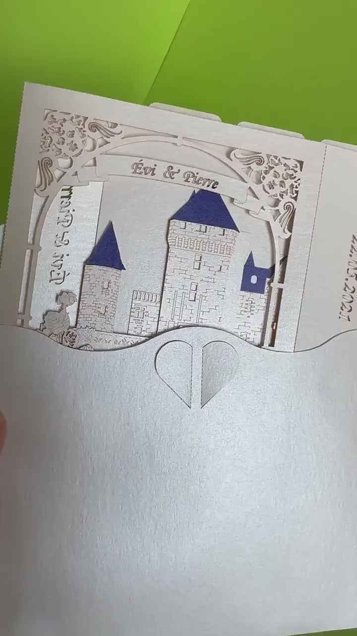 Château du Rivau castle-palace in Lémeré (Indre-et-Loire), Touraine region of France. Paper pop up 3d box wedding invitation card, RSVP.