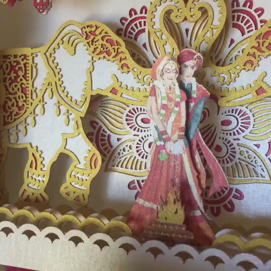 Indian wedding invitation card. Mandap, elephants, torch flowers. India bride groom. Hindustani, Hindu Brahmin, Hindoo. Mandaps Custom RSVP