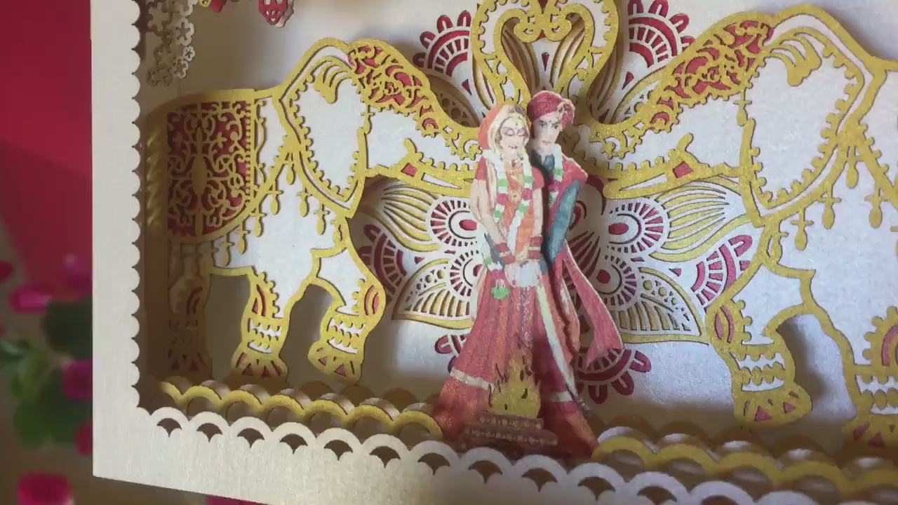 Indian wedding invitation card. Mandap, elephants, torch flowers. India bride groom. Hindustani, Hindu Brahmin, Hindoo. Mandaps Custom RSVP
