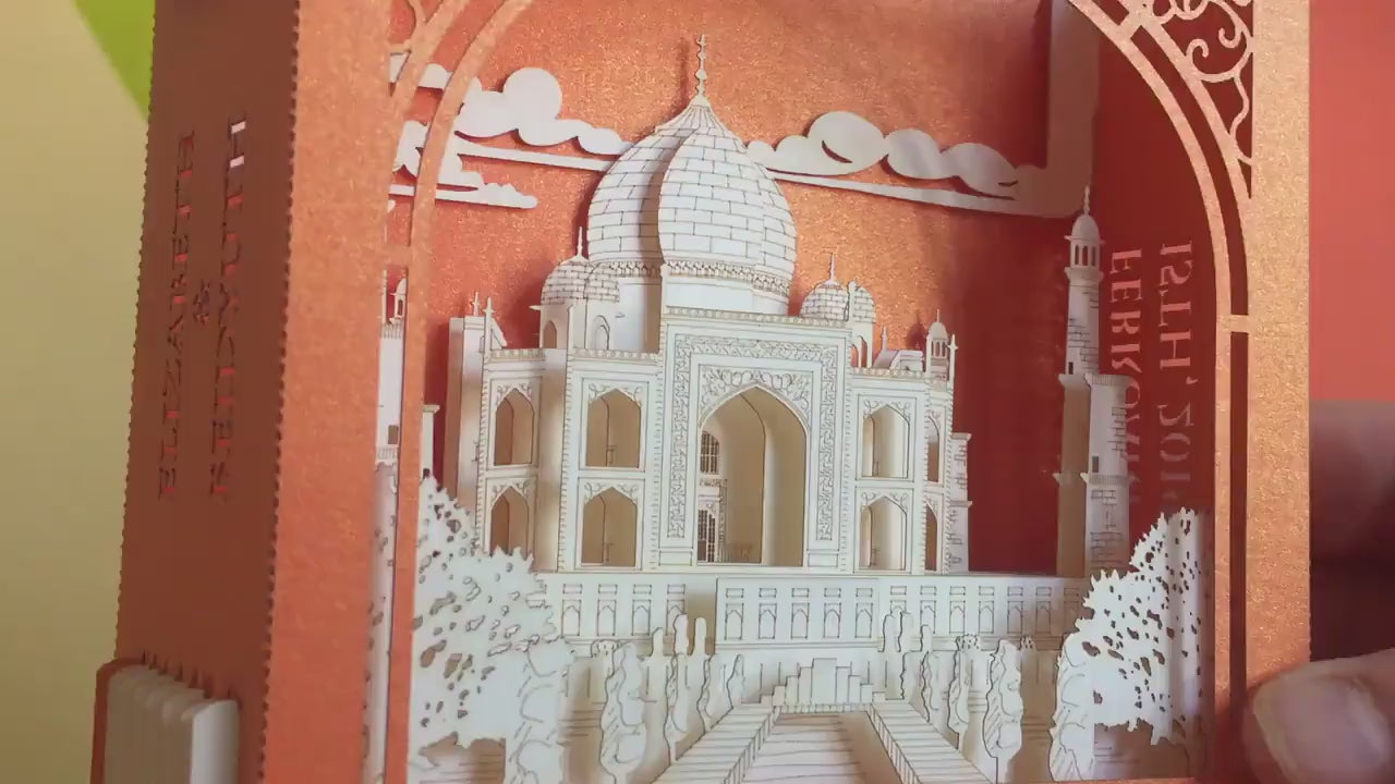 Taj Mahal India Agra Crown of the Palace mausoleum. Indian Landmarks. World Architecture Paper miniature. Love you Thank you Thinking of you
