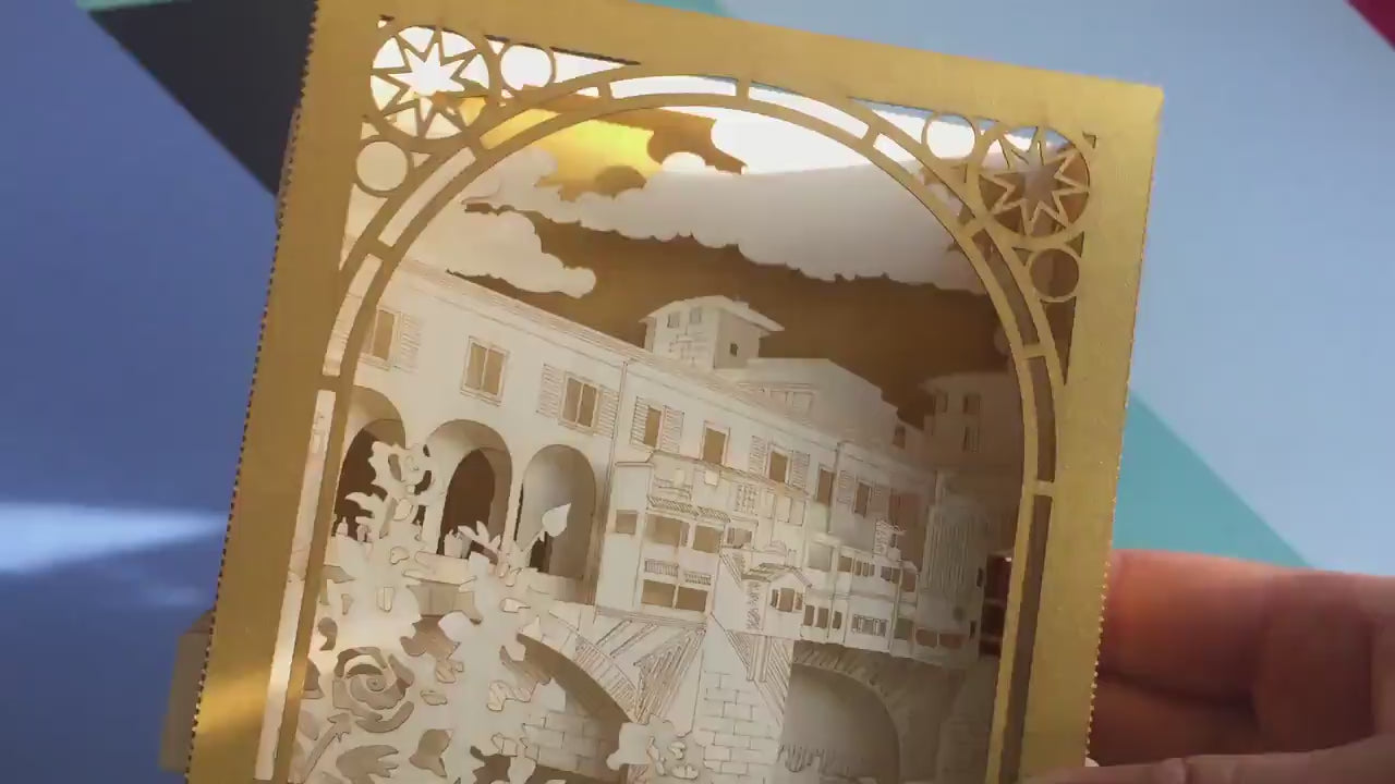 Italy. Florence Ponte Vecchio Bridge. Paper pop up card. Firenze Medieval. Arno river. Italian gift, present, presente Miniature craft model