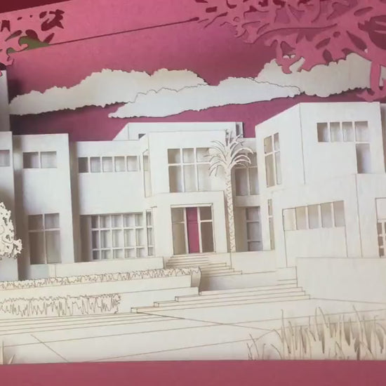 House architecture paper model miniature. Gift company customers. Thank you cards. Pop up card. Custom design. Villa Logo private residence