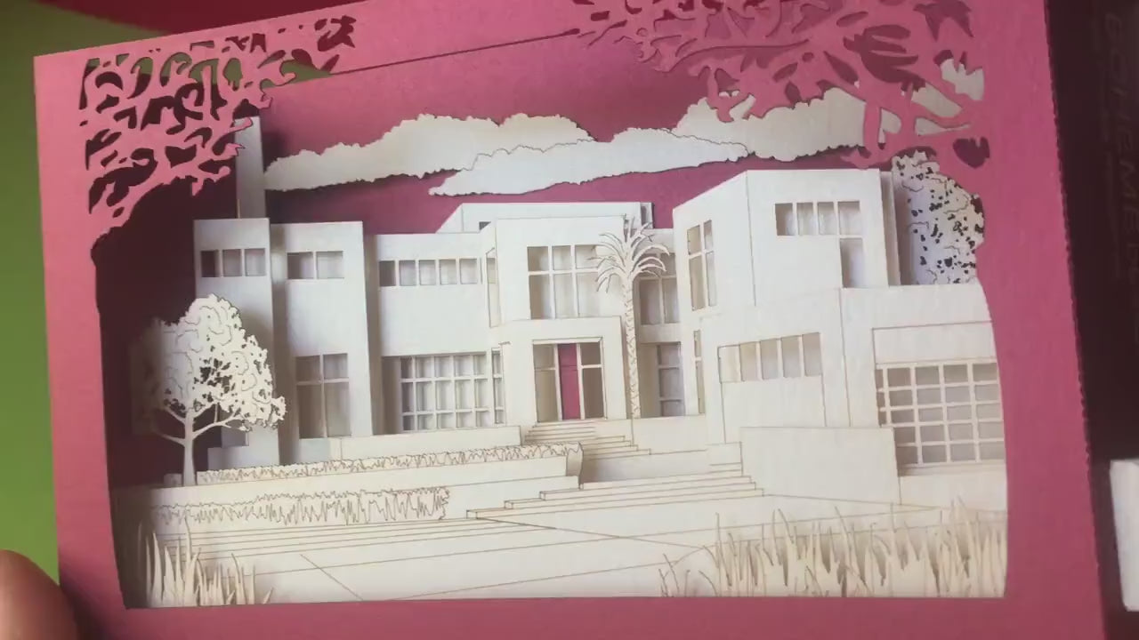 House architecture paper model miniature. Gift company customers. Thank you cards. Pop up card. Custom design. Villa Logo private residence