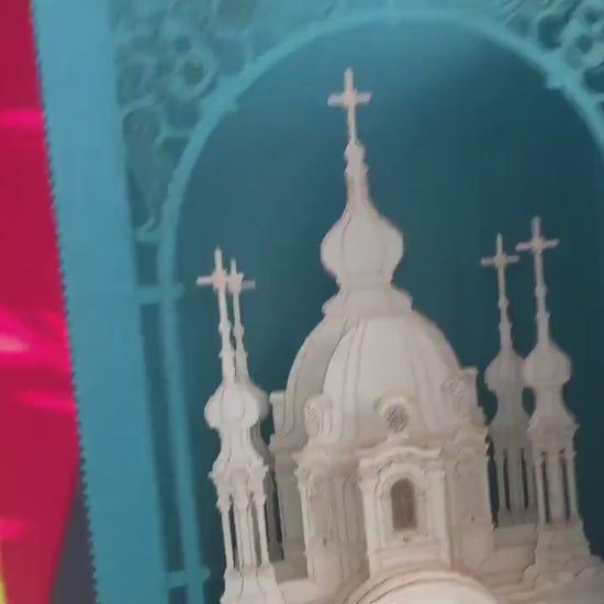 St. Andrew's Church Baroque Cathedral Kyiv, Ukraine. Ukrainian Architecture Landmark. Paper miniature Artwork kirigami gift. Pop up card