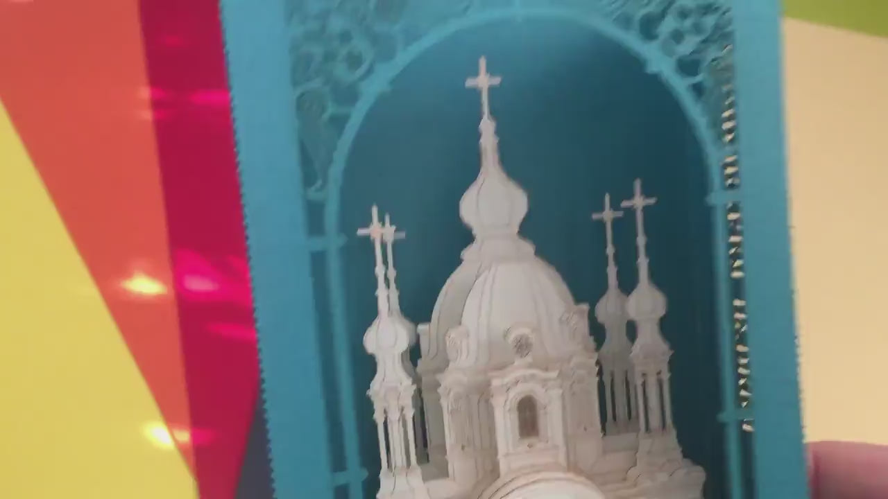 St. Andrew's Church Baroque Cathedral Kyiv, Ukraine. Ukrainian Architecture Landmark. Paper miniature Artwork kirigami gift. Pop up card