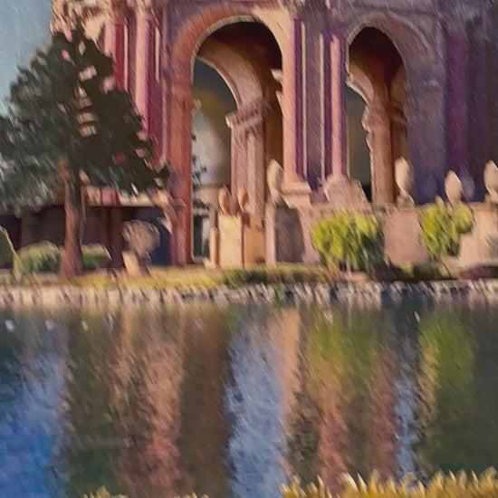 Pop up paper miniature model design of Palace of Arts in San Francisco California, US. Pop up box card, laser cut, folds flat.