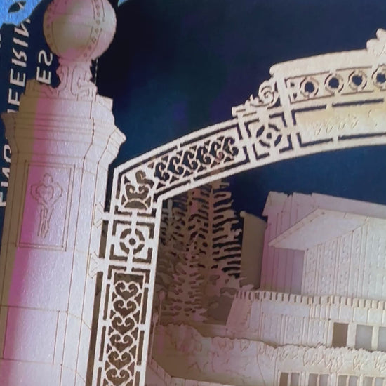 Pop up paper box card with Berkeley Center of Engineering miniature model design
