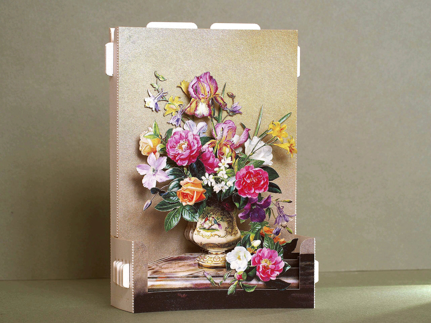 Luxury 3D pop up greeting card with vintage floral bouquet in a vase, elegant botanical still life design, premium keepsake card for birthdays and special occasions.