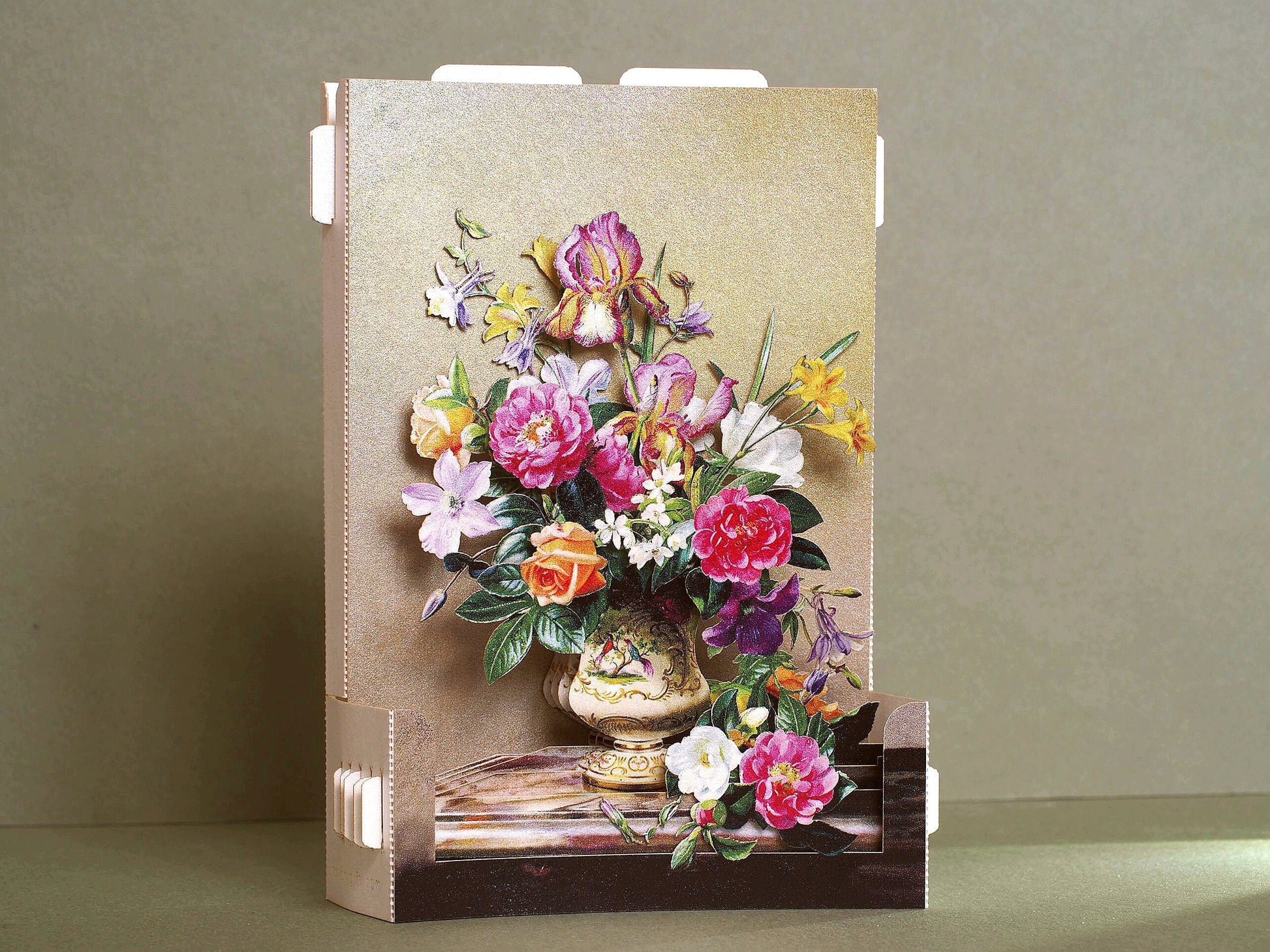 Luxury 3D pop up greeting card with vintage floral bouquet in a vase, elegant botanical still life design, premium keepsake card for birthdays and special occasions.