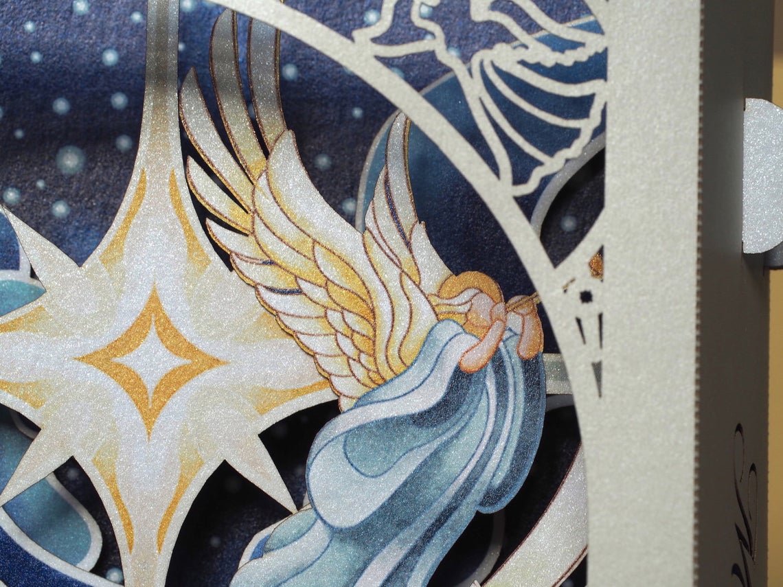 Christmas pop-up card Baby Jesus, Mother Mary, Angels, Holy Star